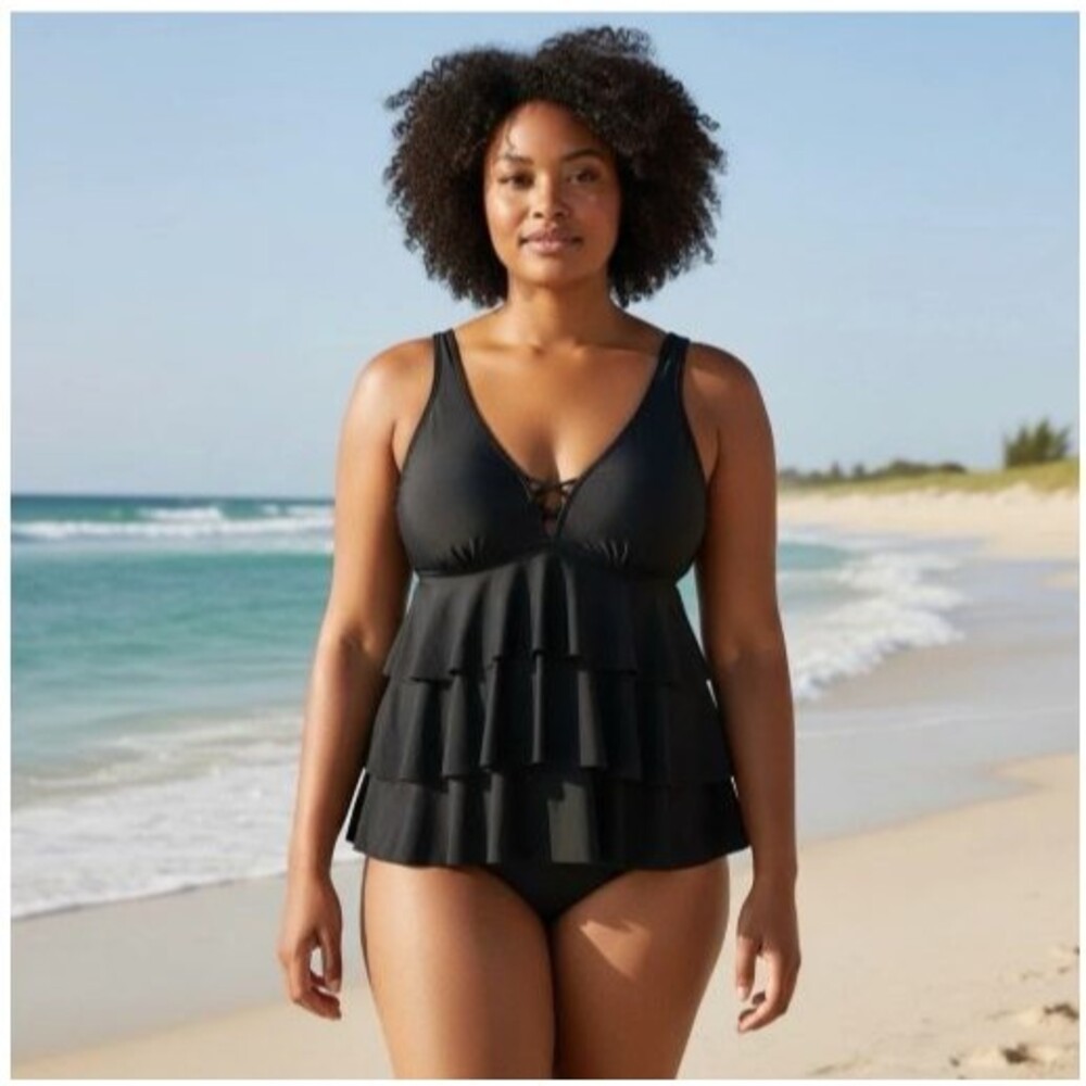 Swim By Cacique Tiered Ruffle Tankini Top-Size 24-Black-Wireless-Adjustable